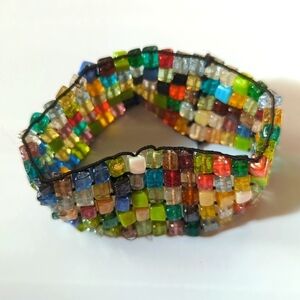 Bracelet With Glass Beads, Multi-Color Stretch Band And Black String